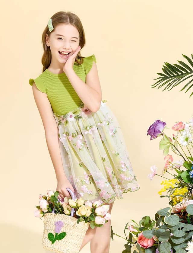 Detalle de PatPat robe de fille en tulle sans manches avec broderies florales (2 à 10 ans)