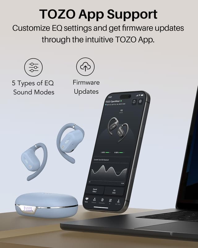 Detalle de TOZO OpenWear Open-Ear Headphones with AI Translation (164 languages) and Bluetooth 5.4, Fast Charging & ENC