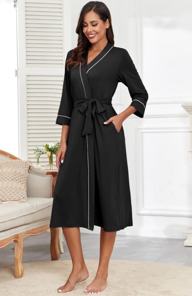 Detalle 2 de PrinStory Damen-Bademantel als leichter Kimono mit 3/4-Ärmeln, Viskose/Elasthan