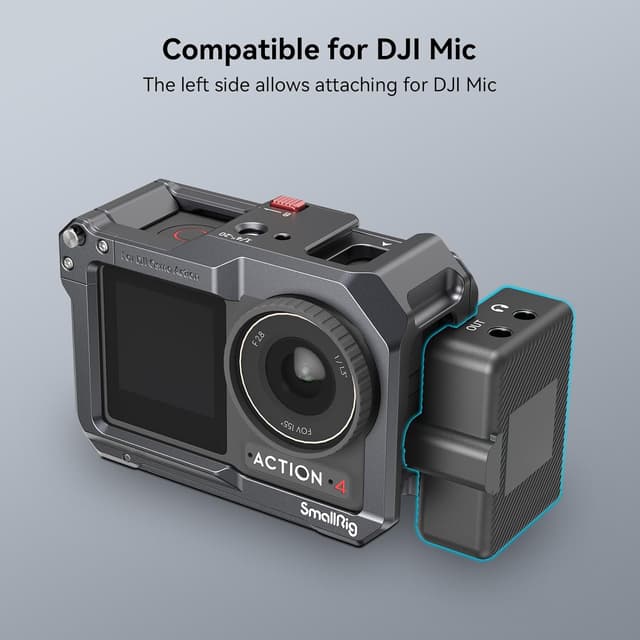 Detalle de SMALLRIG Cage pour DJI Action 4/3 et DJI Mic 4119C : protection et montage polyvalent