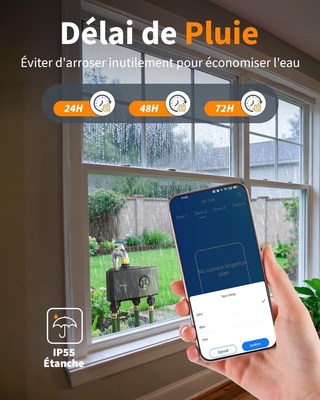 Detalle de Diivoo Programmateur d’arrosage WiFi 4 voies avec entrée laiton et commande vocale (Alexa/Google Assistant)