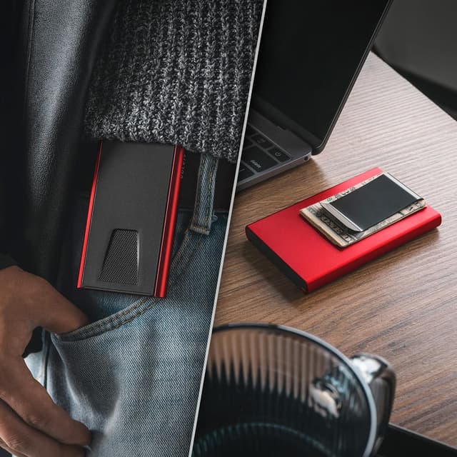 Detalle de VULKIT Slim Card Wallet with Money Clip (Aluminium Pop-Up) – Red RFID Blocking