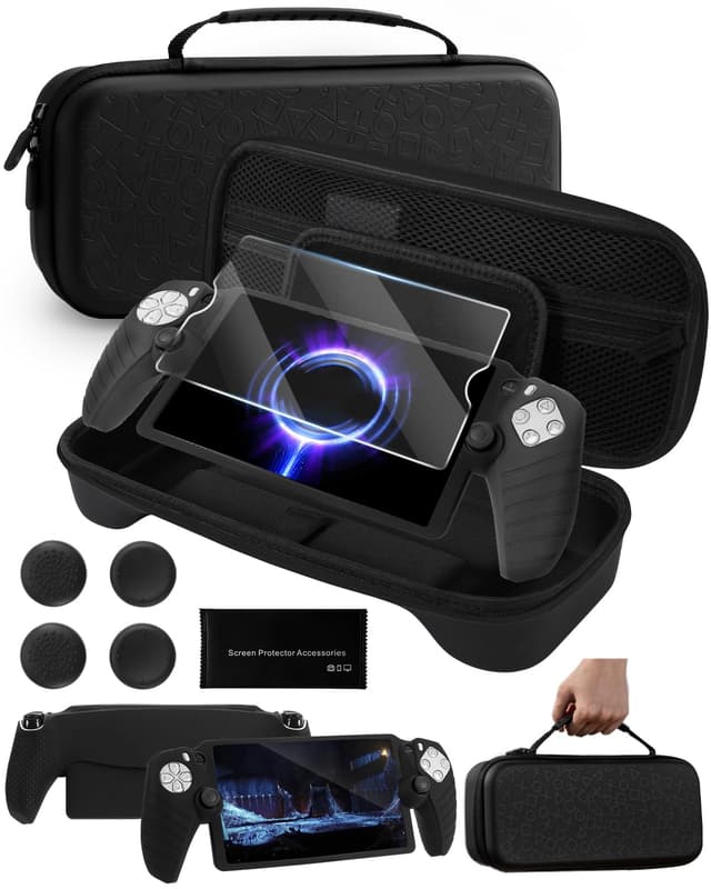 Detalle de PALPOW Zubehör-Set für PlayStation Portal: Tasche, Silikonhülle, Displayschutz & 4 Joystick-Kappen – Schwarz