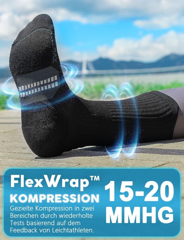 Detalle de Juclise Bambus Kompressions-Laufsocken (15–20 mmHg) mit Coolmax & Anti-Blasen – 3er-Pack