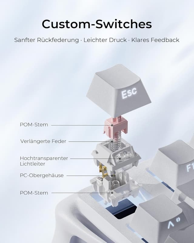 Detalle de GravaStar Mercury K1 75% mechanische Gaming-Tastatur (QWERTZ, DE) – Tri-Mode, Hot-Swap, Magnesium-Exoskelett, RGB-Gradient