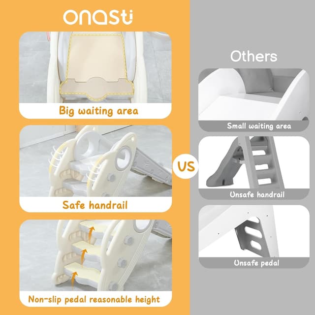 Detalle de Onasti Kids Slide for Toddlers (Age 1–3) Freestanding & Folding Slide Playset with Basketball Hoop and Ring Toss, Grey