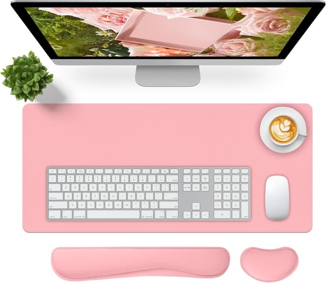 Detalle de Niviy Desk Mat with Wrist Rest (60 x 35 cm) – PU leather desk protector in pink