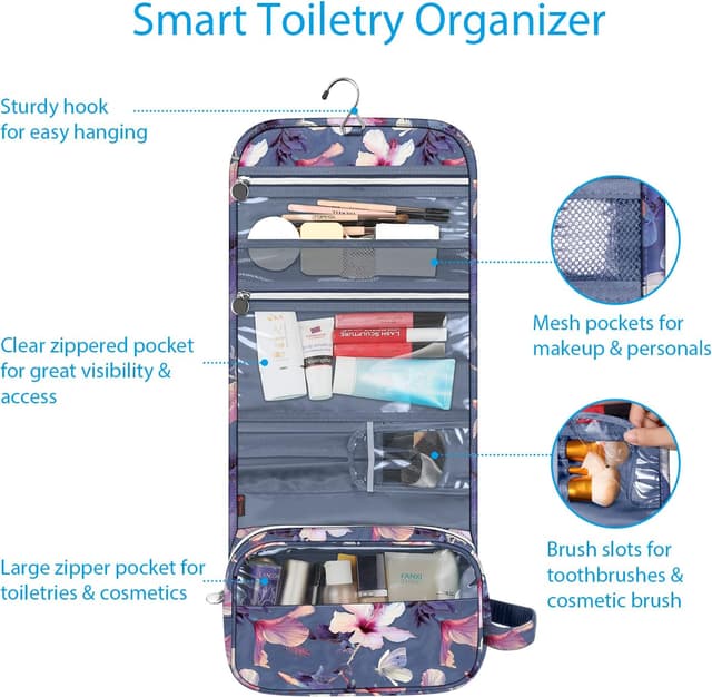 Detalle 2 de Portable Toiletry Travel Wash Bag by FINPAC (Large) – Water-Resistant Hanging Cosmetic Organiser, Blooming Hibiscus