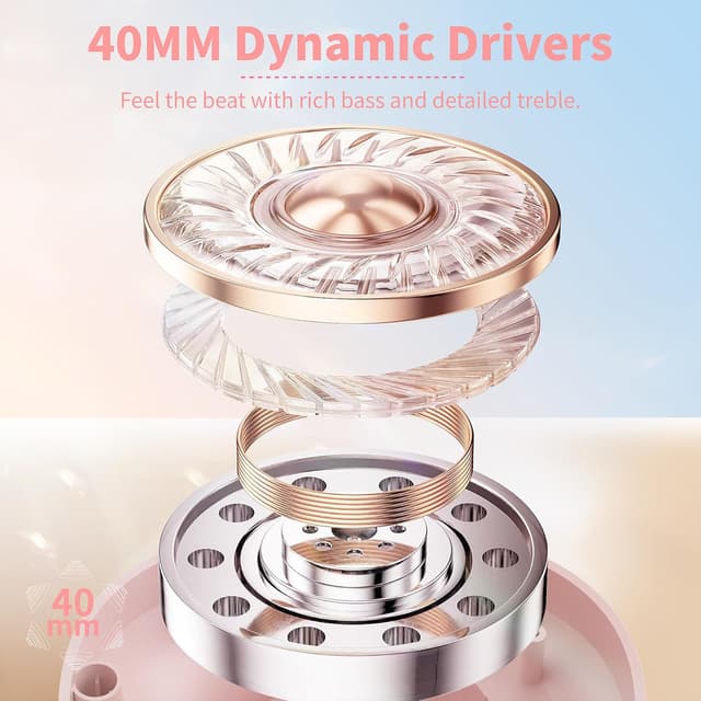 Detalle de Rebocico Active Noise Cancelling Bluetooth Headphones with Mic (100H playtime) – Pink, foldable over-ear