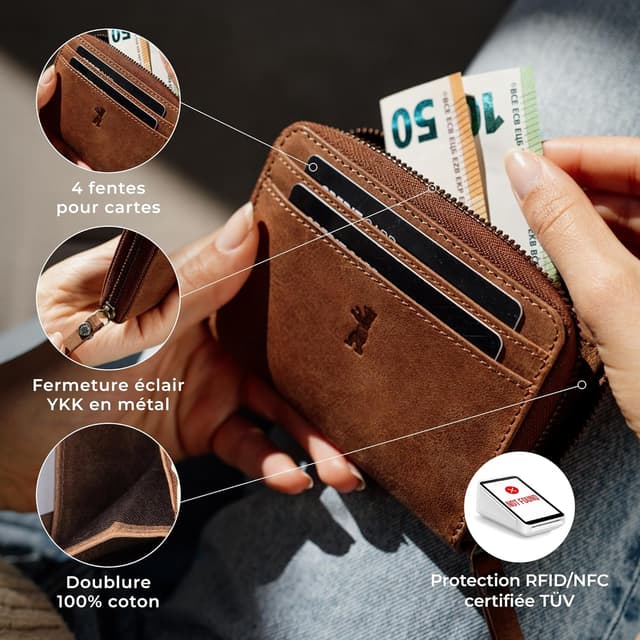 Detalle de Berliner Bags Elsa Petit Portefeuille en cuir marron avec protection RFID, format compact