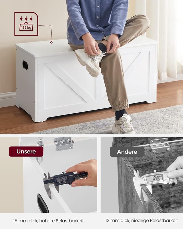 Detalle de VASAGLE Schuhbank mit Stauraum LSB060T14 – Sitztruhe im Landhausstil (40 x 100 x 46 cm)