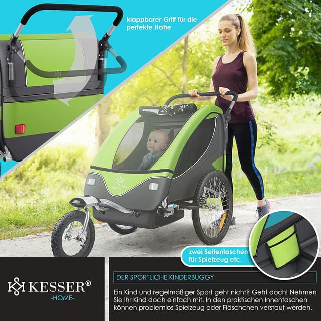 Detalle de KESSER Kinderfahrradanhänger 360° drehbar (2in1 Joggerfunktion) mit Federung und 5-Punkt-Gurt, inkl. Warnfahne