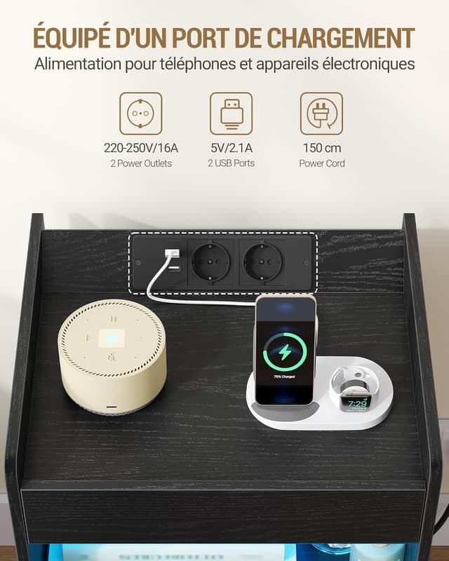 Detalle de Hzuaneri table de chevet avec compartiment caché, éclairage LED, 2 prises et 2 ports USB (Noir NS33504XEU)
