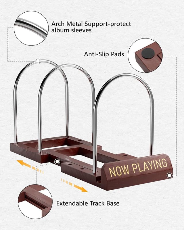 Detalle de BS-VOG Schallplatten-Aufbewahrung: erweiterbarer LP-Ständer für 30–70 Platten mit „Now Playing“-Schild