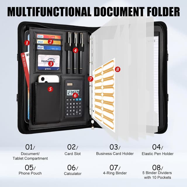 Detalle de Leathario A4 Portfolio Folder with Handle (Vegan Leather) and 4-Ring Document Holder