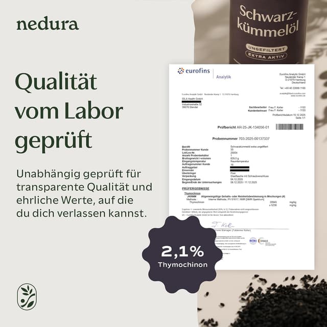 Detalle de nedura® Schwarzkümmelöl extra aktiv (ungefiltert) 100 ml – kaltgepresst aus äthiopischem Schwarzkümmel mit 2,1 % Thymochinongehalt