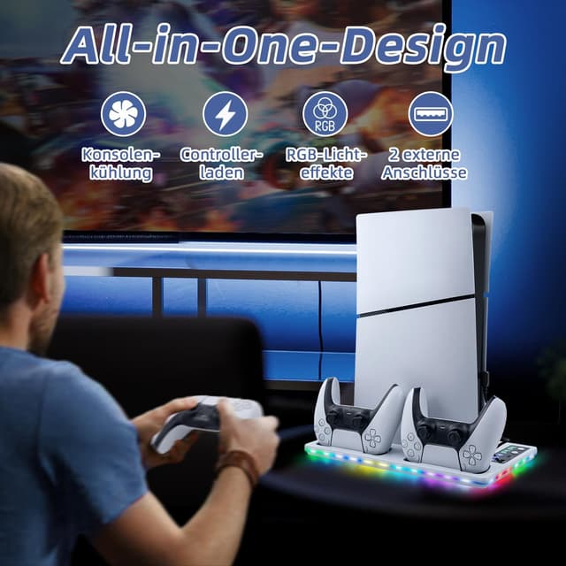 Detalle 2 de Wigearss PS5 Kühler Standfuß mit Dual-Controller-Ladestation, Lüfter und RGB-Licht für PS5 / PS5 Slim / PS5 Pro