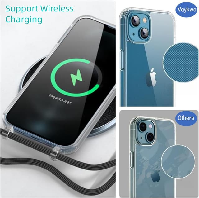 Detalle de Vaykwo Cover con cordino per iPhone 14 / iPhone 13 da 6,1" con tracolla regolabile e protezione trasparente (blu)