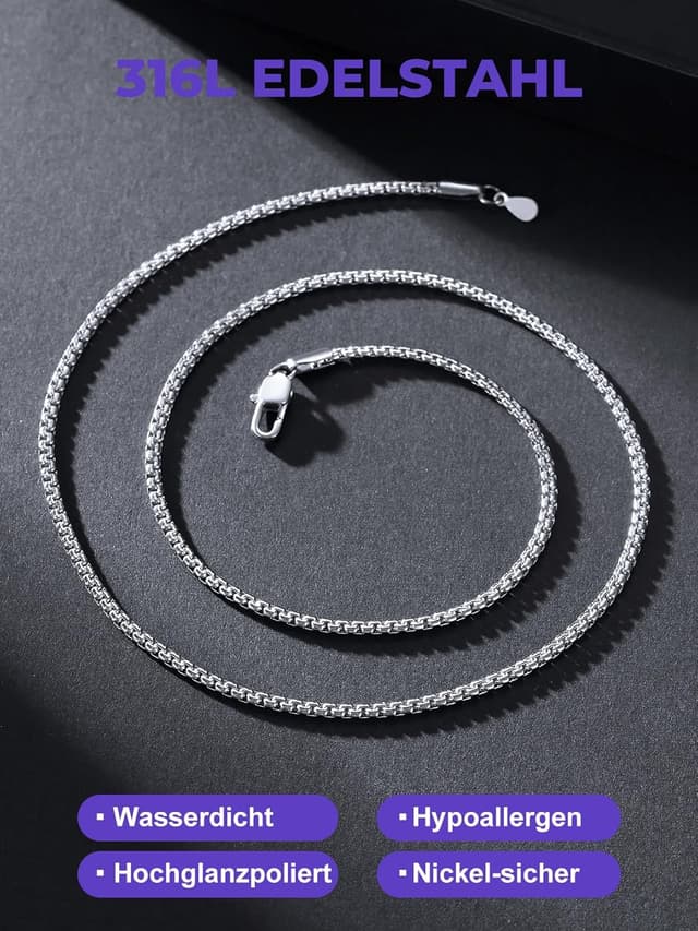 Detalle de Richsteel Edelstahl-Kette 2/4/6 mm Venezianisch für Damen & Herren – Silber/Schwarz/Vergolden, 35–76 cm