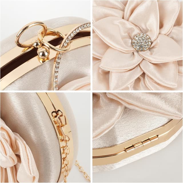 Detalle de MilyaDE Damen Clutch mit Blumenmotiv – elegante Brauttasche für Hochzeit, Party & Abend mit Kiss-Lock und Kette
