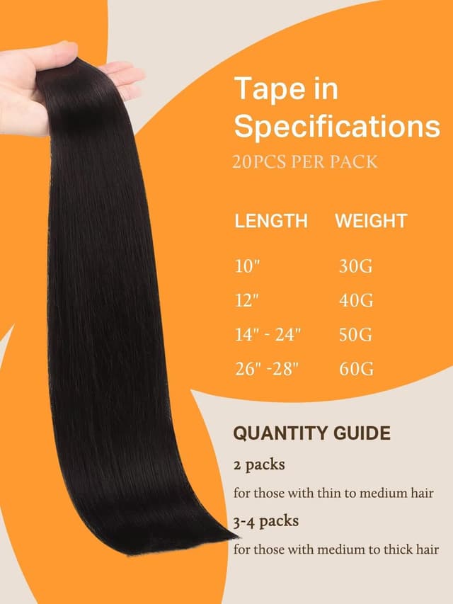 Detalle 2 de DOORES Human Hair Extensions (Jet Black) — 20 inch, 50g, 20pcs Tape-In Skin Weft
