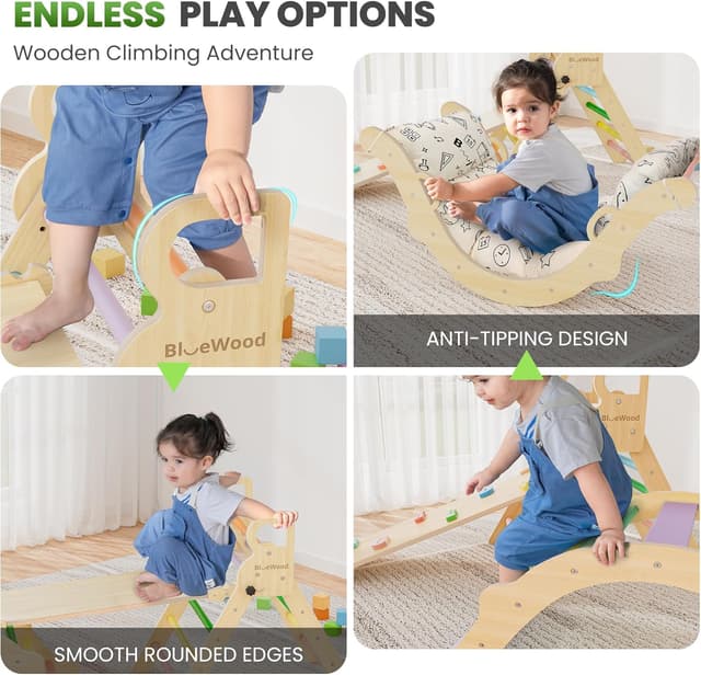 Detalle de BlueWood Pikler Triangle Set with Cushion (8-in-1) – Montessori-inspired jungle gym for toddlers