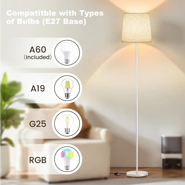 Detalle 2 de SIBRILLE Lampada da Terra per Salotto 9W con Telecomando e 3000K-6000K, paralume in lino e base bianca