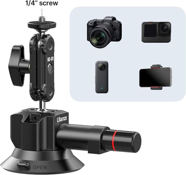 Detalle 1 de UURig SC-01 3" Suction Mount for Vlogging Action Cameras with Smartphone Clamp (1/4" Magic Arm)