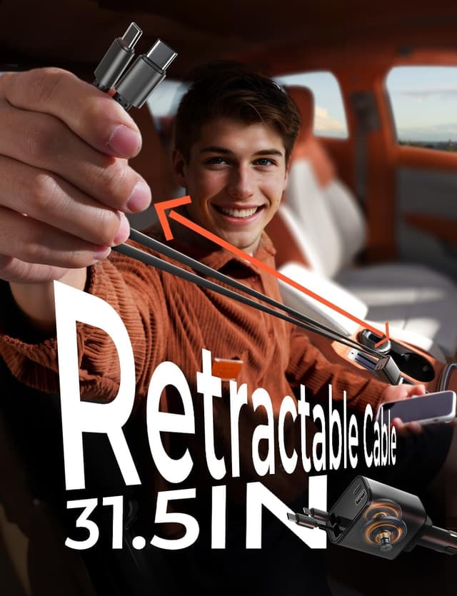 Detalle 2 de LISEN Retractable Car Charger for iPhone 17 Pro Max 69W USB-C