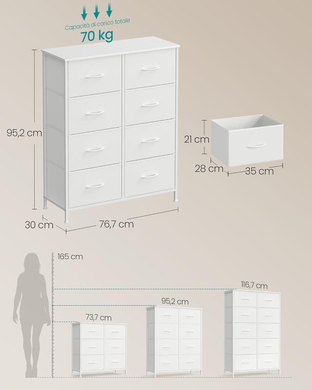 Detalle de SONGMICS BELLAH LGS124WH01 cassettiera bianca con 8 cassetti, struttura in acciaio e piano portante fino a 30 kg