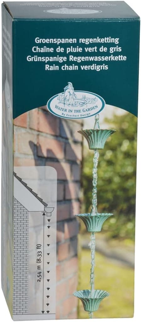 Detalle 1 de Esschert Rain Chain (Verdigris) – cast-iron gutter rain chain for garden and terrace