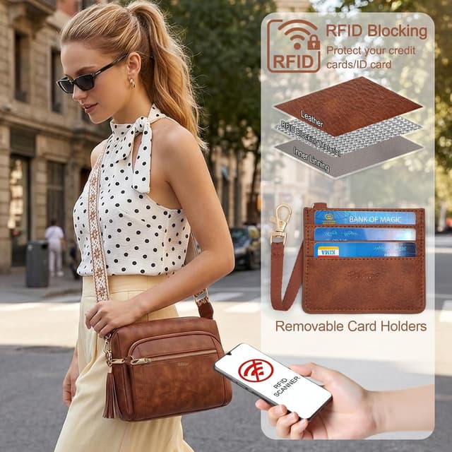 Detalle de HILAEX Women’s Anti-Theft Cross Body Bag with 4 Zip Compartments and RFID Blocking