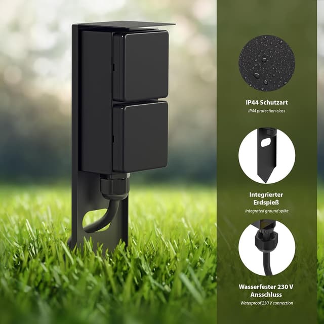 Detalle de ledscom.de PIWI Garten-Steckdosensäule mit Erdspieß, IP44, 2-fach, Edelstahl schwarz eckig, 30 cm