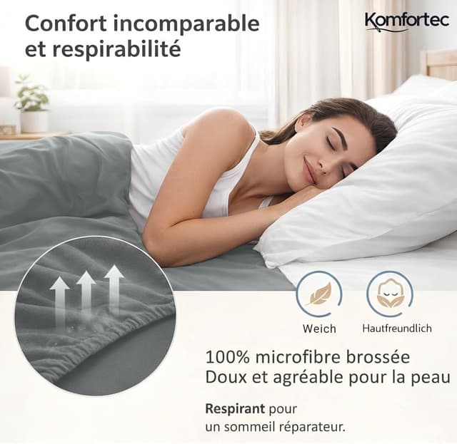 Detalle de Komfortec Drap housse 200x200 cm en microfibre brossée douce (bonnet 30 cm) gris