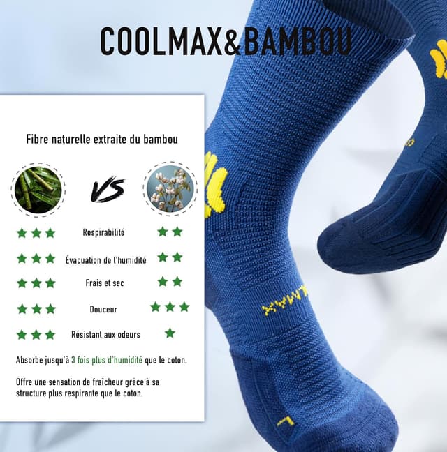 Detalle 2 de BRISIRA Coolmax Bambou — chaussettes de running/ randonnée avec compression (lot de 3)