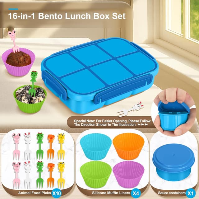 Detalle 2 de Amathley Kinder-Brotdose mit Fächern (1200 ml) – Bento Box Blau mit 6 Fächern, Soßenbehälter & Cartoon-Set