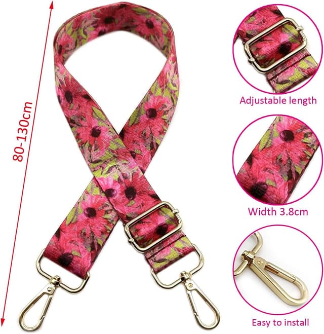 Detalle de Verstellbarer Schultergurt Tasche Rote Blume mit Karabiner Gold – Taschengurt zum Wechseln, 80–130 cm, 3,8 cm breit