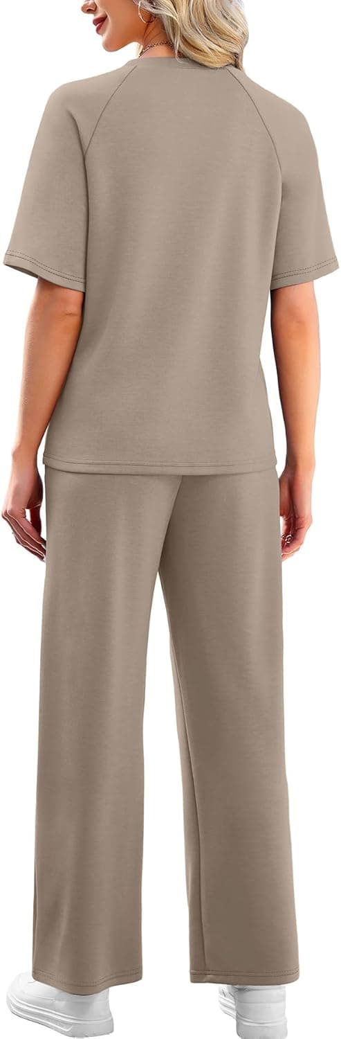 Detalle de WIHOLL 2-Piece Women’s Resort & Travel Lounge Set (Short-Sleeve Top + Wide-Leg Pants)