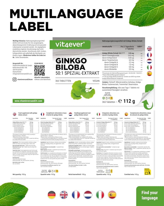 Thumbnail 5 de Vit4ever Ginkgo Biloba 6000 mg – 365 Tabletten 🍃