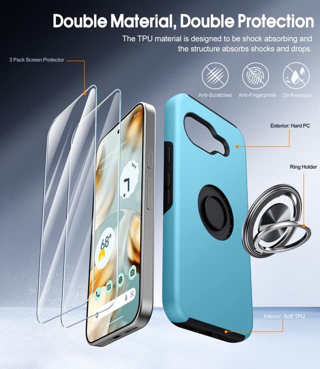 Detalle de AOUIA for Google Pixel 10A Case with 2-Pack Screen Protector and 360° Metal Ring Stand (Sky Blue)