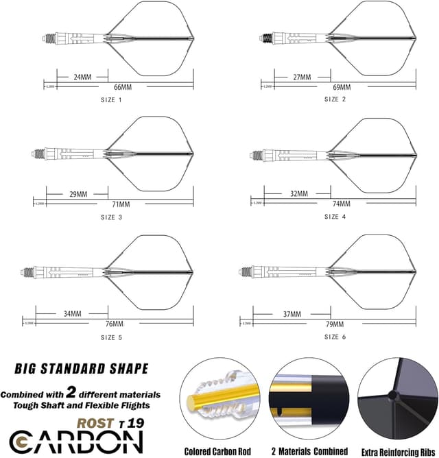 Detalle de CUESOUL ROST T19 carbon integrated dart shaft set (3) with red big standard flights