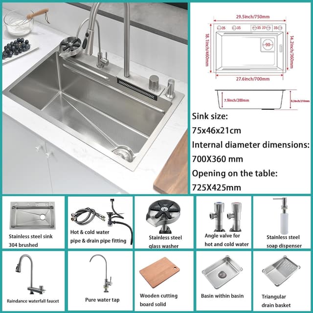 Thumbnail 6 de Bokaiya Kitchen Sink Multifunction Waterfall 75x45cm