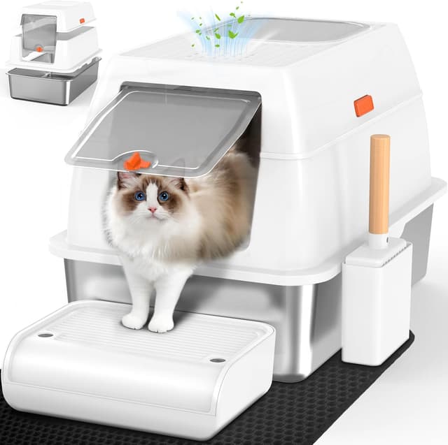 Detalle de Stainless Steel Cat Litter Box with Lid (XL) with Charcoal Filter, Dual-Door Configuration, White