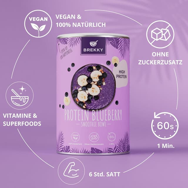Detalle 2 de BREKKY Protein Blueberry Smoothie Bowl – vegan, ohne Zuckerzusatz, 100% natürliche Zutaten