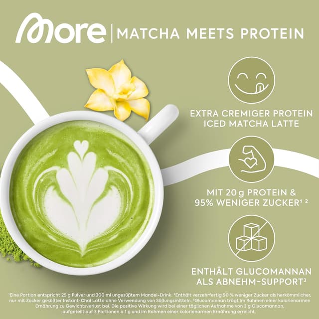 Detalle 2 de MORE Protein Iced Matcha Latte (500 g) – Matcha-Grünteepulver mit Proteinen, wenig Zucker
