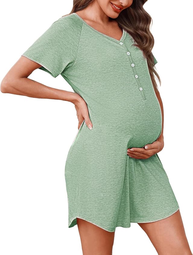 Detalle de Uniexcosm Stillnachthemd Damen Kurzarm aus Baumwolle – Umstandskleid mit Knopfleiste und V-Ausschnitt