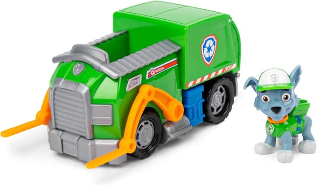 Detalle de Paw Patrol Rocky’s Recycle Truck toy vehicle with collectible Rocky action figure (made with at least 80% recycled plastic)