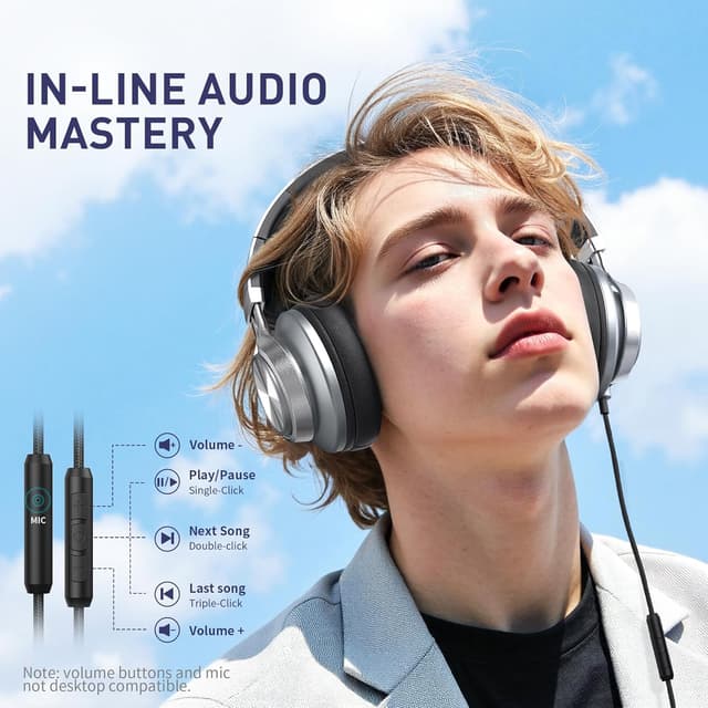 Detalle de AILIHEN C90 Wired Over-Ear Headphones with Microphone and Inline Volume Control (3.5mm, Grey)