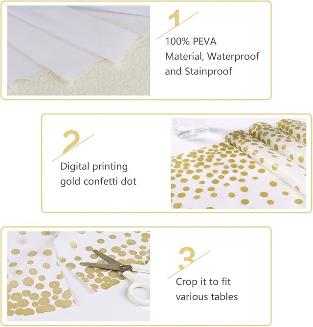 Detalle 2 de MOKANI Einweg Tischdecke (4 Stück), wasserdichtes PEVA-Rechtecktischtuch in Gold – 137 x 274 cm