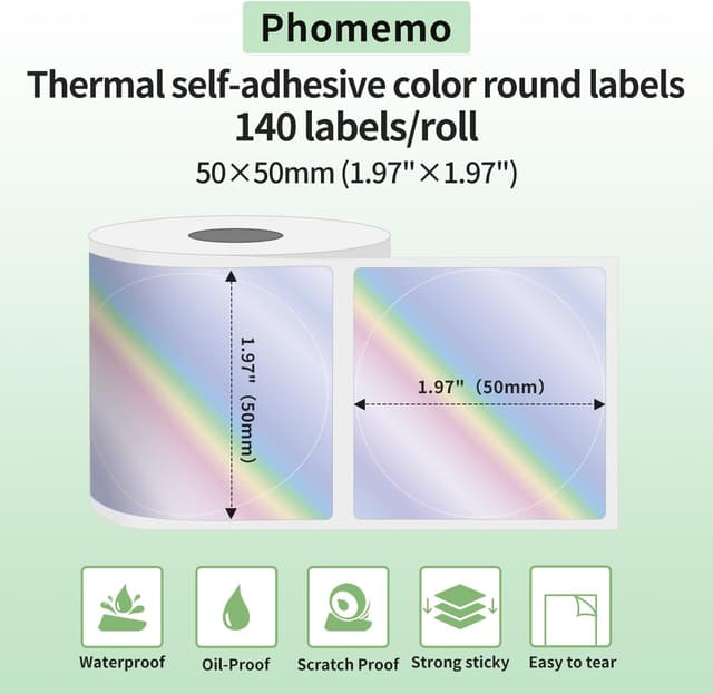 Detalle de Etichette rotonde laser a colori Phomemo M110, 50x50 mm: 140 etichette per rotolo